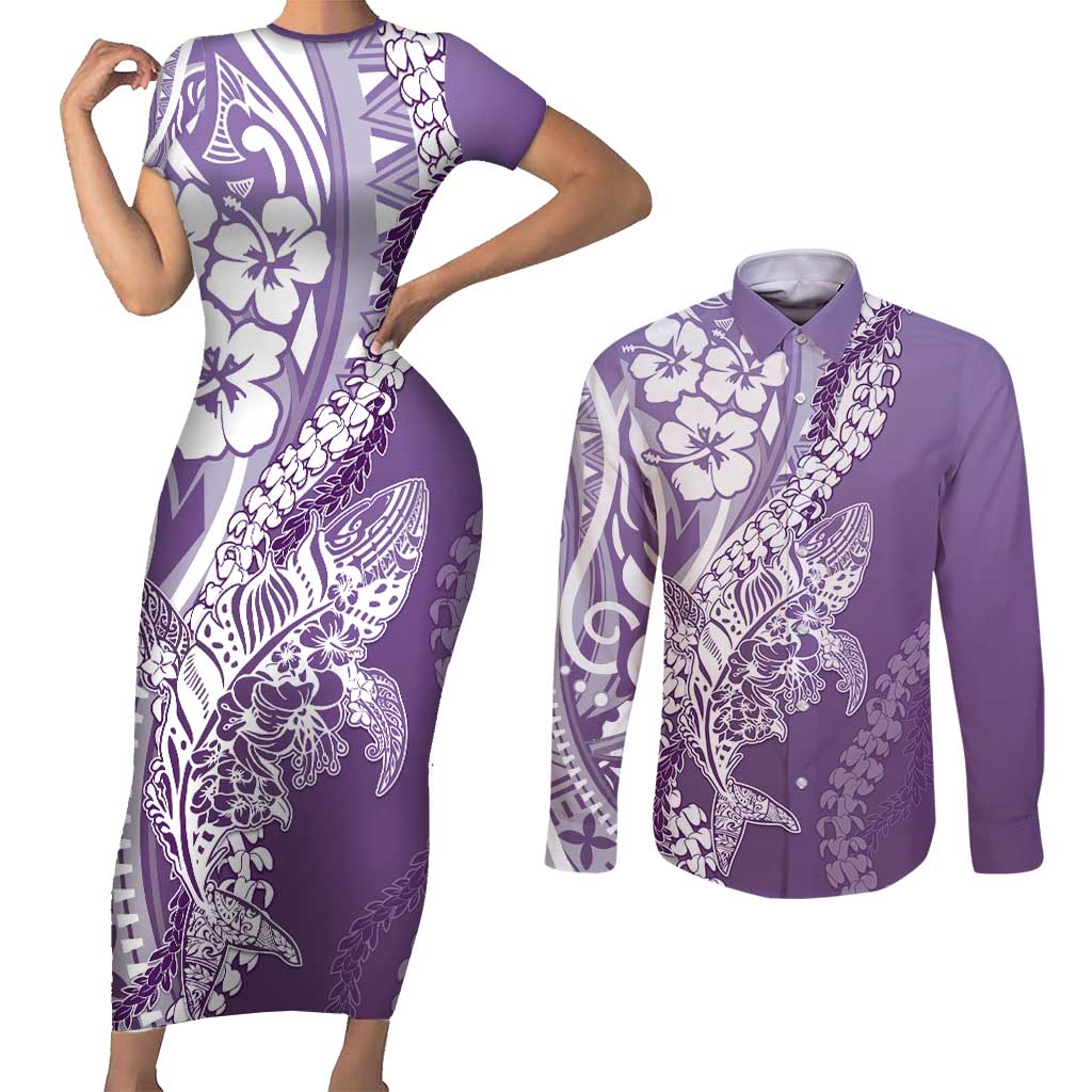 Hawaii Puakenikeni And Maile Lei Couples Matching Short Sleeve Bodycon Dress and Long Sleeve Button Shirt Violet Polynesian Shark Tattoo DT05 Violet - Polynesian Pride