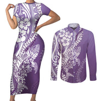 Hawaii Puakenikeni And Maile Lei Couples Matching Short Sleeve Bodycon Dress and Long Sleeve Button Shirt Violet Polynesian Shark Tattoo DT05 Violet - Polynesian Pride
