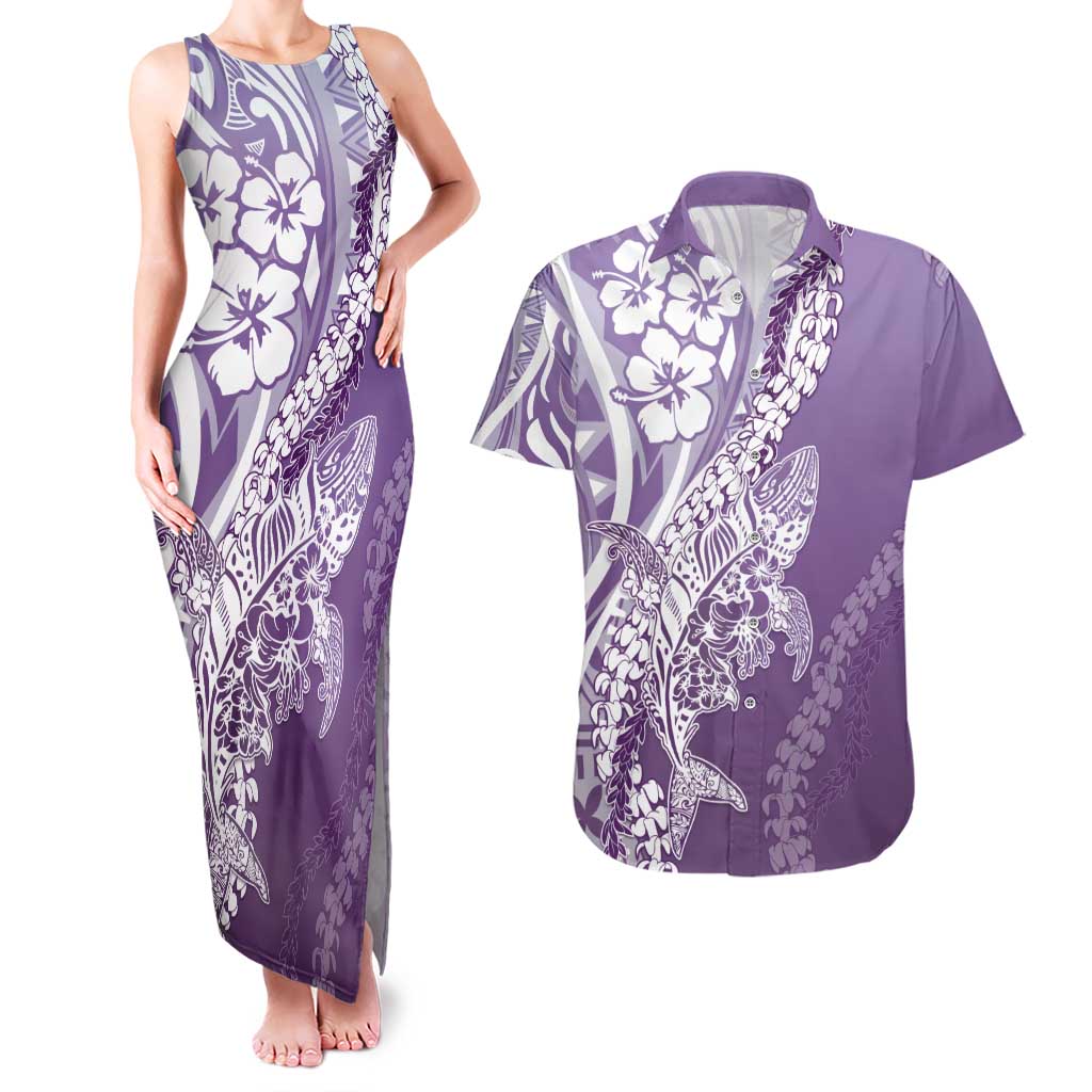 Hawaii Puakenikeni And Maile Lei Couples Matching Tank Maxi Dress and Hawaiian Shirt Violet Polynesian Shark Tattoo DT05 Violet - Polynesian Pride