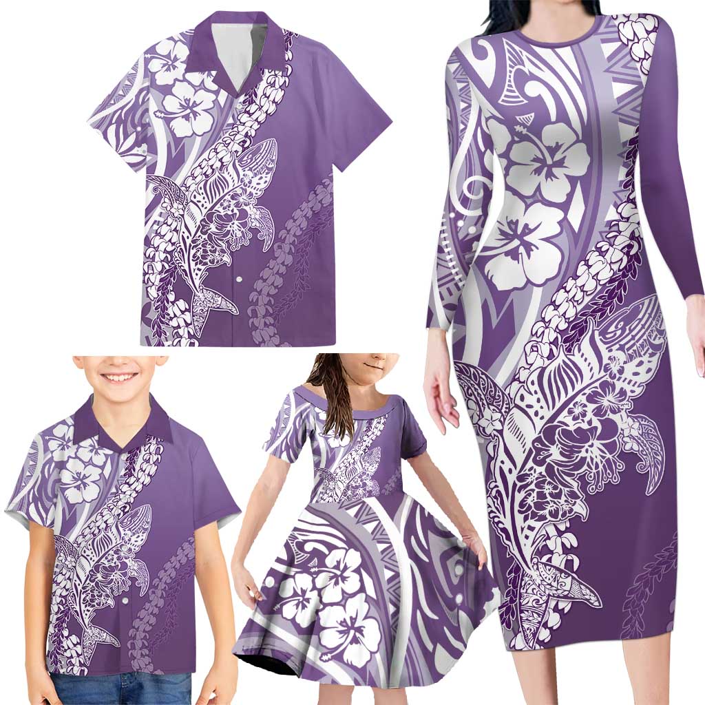 Hawaii Puakenikeni And Maile Lei Family Matching Long Sleeve Bodycon Dress and Hawaiian Shirt Violet Polynesian Shark Tattoo DT05 - Polynesian Pride