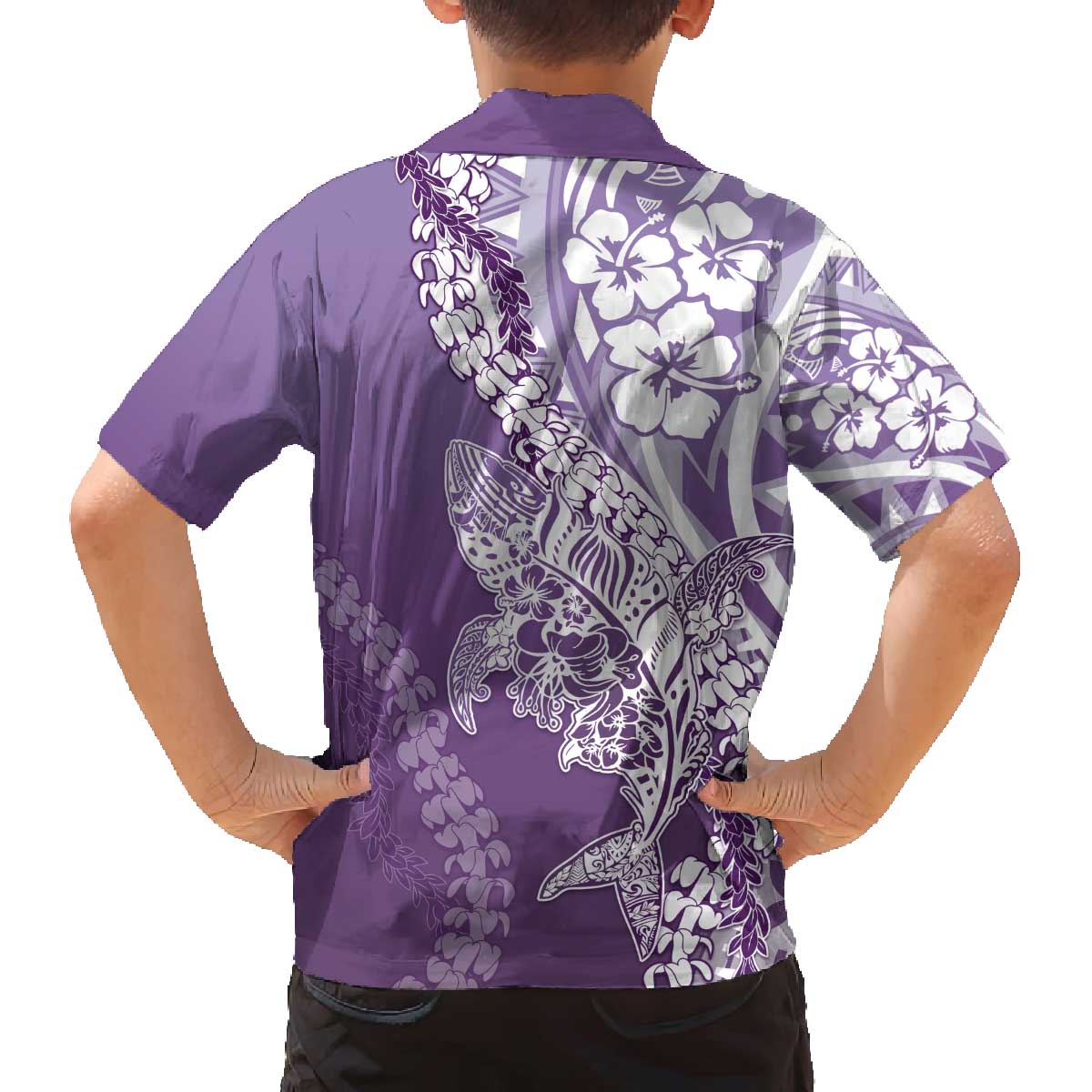 Hawaii Puakenikeni And Maile Lei Family Matching Off The Shoulder Long Sleeve Dress and Hawaiian Shirt Violet Polynesian Shark Tattoo DT05 - Polynesian Pride