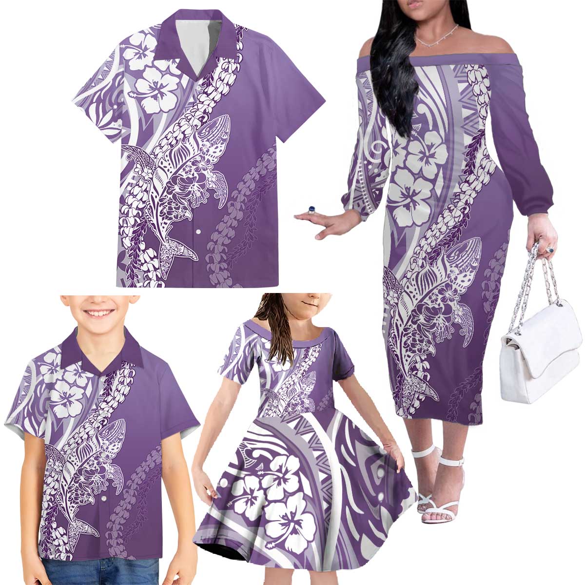 Hawaii Puakenikeni And Maile Lei Family Matching Off The Shoulder Long Sleeve Dress and Hawaiian Shirt Violet Polynesian Shark Tattoo DT05 - Polynesian Pride