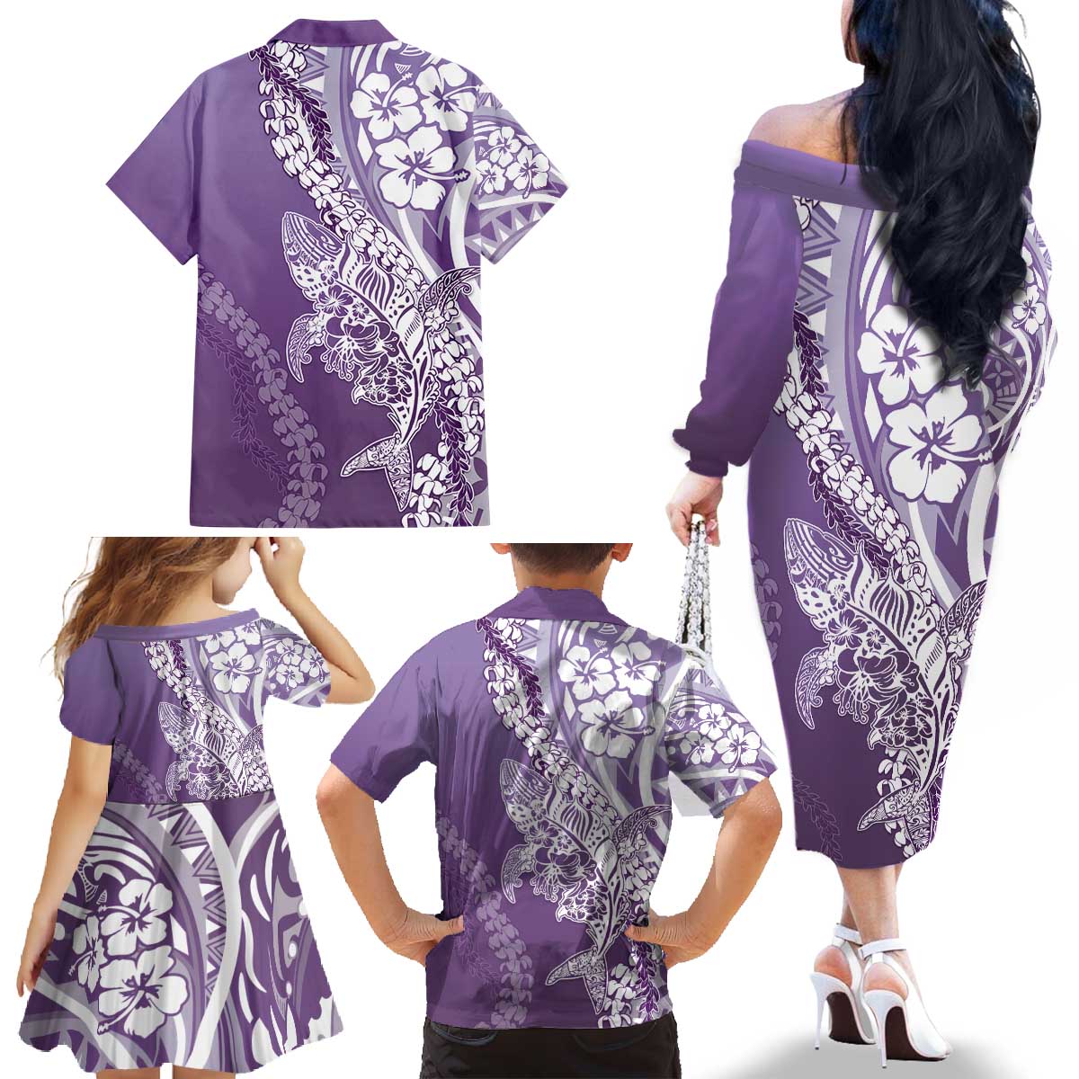 Hawaii Puakenikeni And Maile Lei Family Matching Off The Shoulder Long Sleeve Dress and Hawaiian Shirt Violet Polynesian Shark Tattoo DT05 - Polynesian Pride