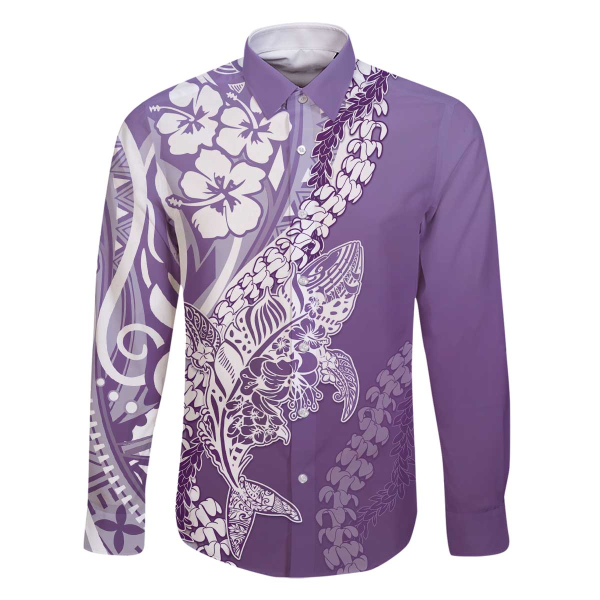 Hawaii Puakenikeni And Maile Lei Family Matching Off The Shoulder Long Sleeve Dress and Hawaiian Shirt Violet Polynesian Shark Tattoo DT05 Dad's Shirt - Long Sleeve Violet - Polynesian Pride