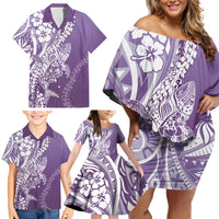 Hawaii Puakenikeni And Maile Lei Family Matching Off Shoulder Short Dress and Hawaiian Shirt Violet Polynesian Shark Tattoo DT05 - Polynesian Pride