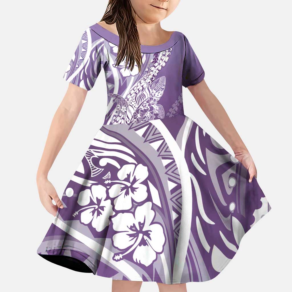 Hawaii Puakenikeni And Maile Lei Family Matching Puletasi and Hawaiian Shirt Violet Polynesian Shark Tattoo DT05 Daughter's Dress Violet - Polynesian Pride