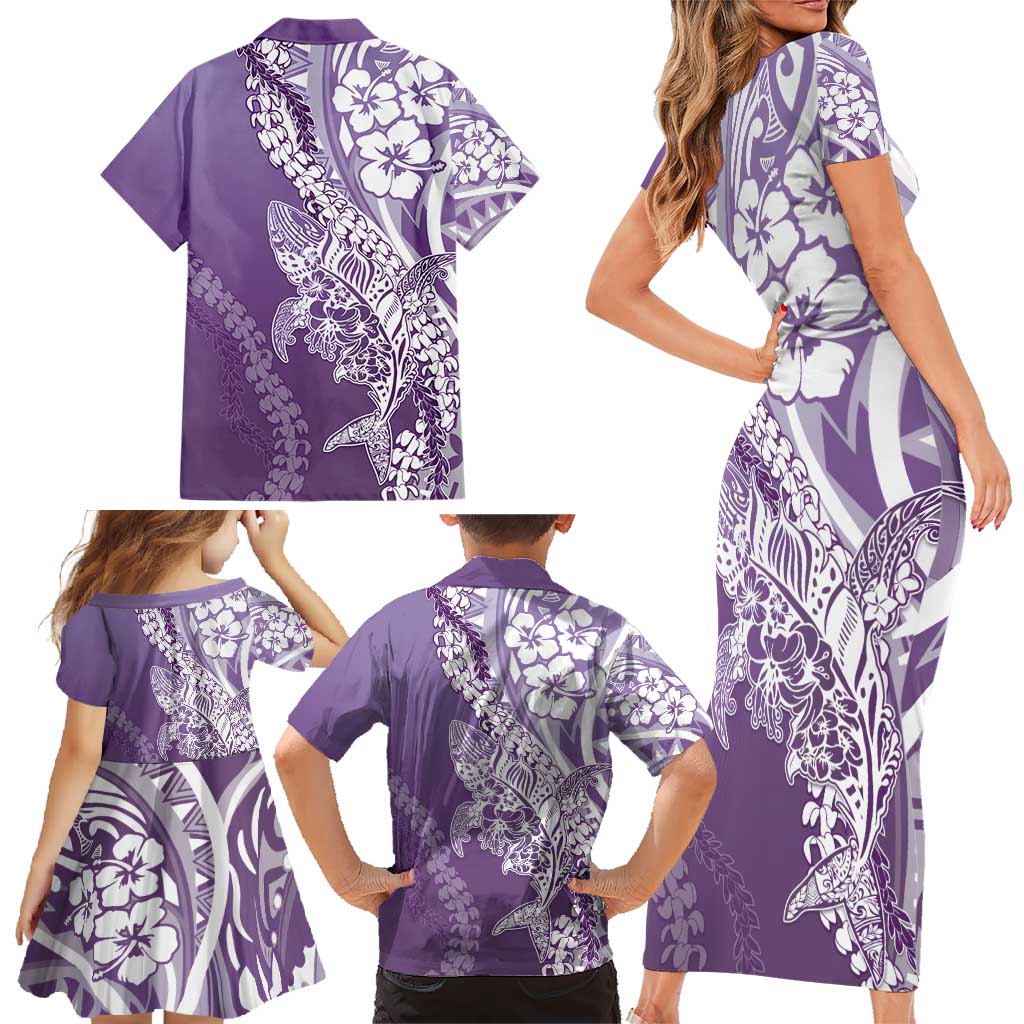 Hawaii Puakenikeni And Maile Lei Family Matching Short Sleeve Bodycon Dress and Hawaiian Shirt Violet Polynesian Shark Tattoo DT05 - Polynesian Pride
