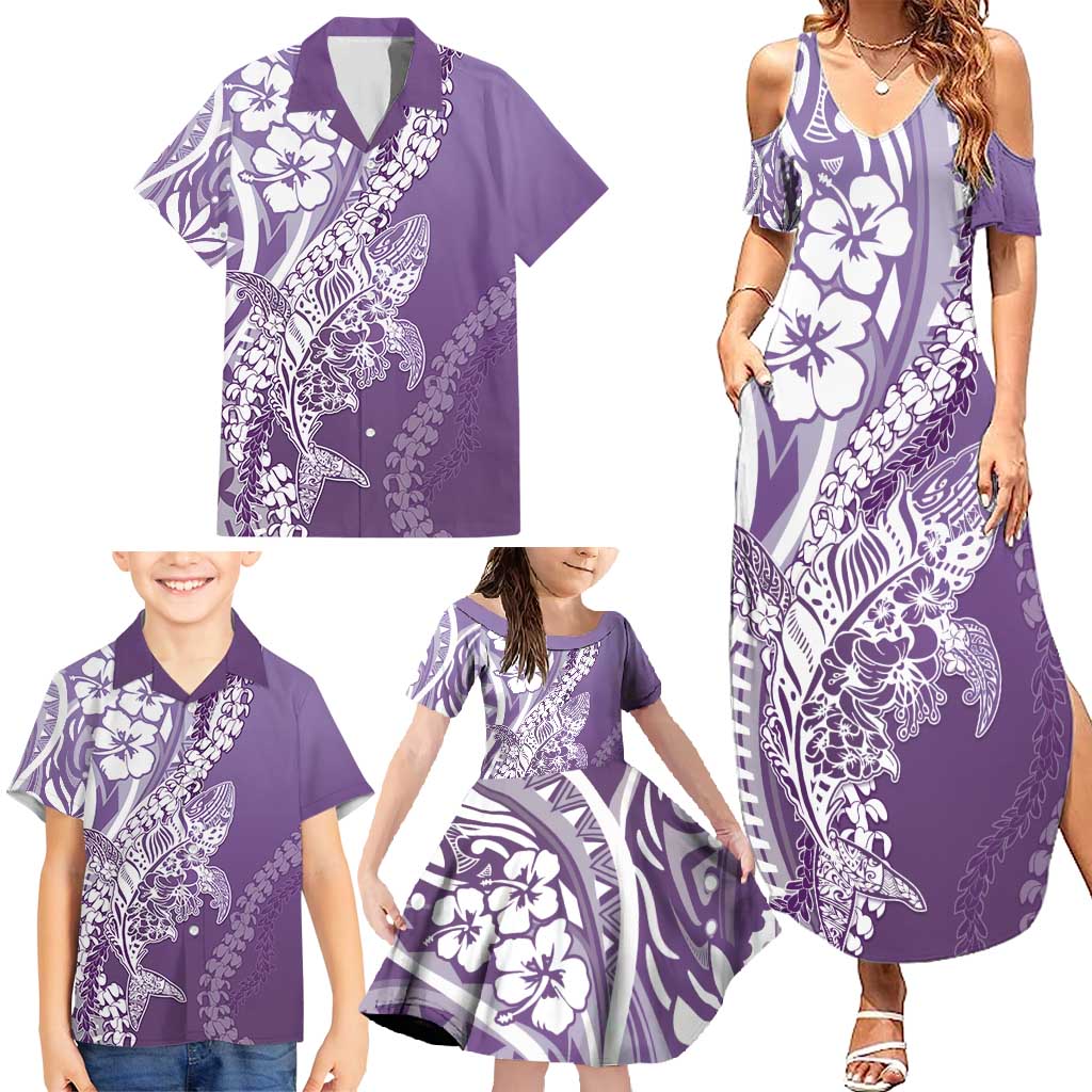 Hawaii Puakenikeni And Maile Lei Family Matching Summer Maxi Dress and Hawaiian Shirt Violet Polynesian Shark Tattoo DT05 - Polynesian Pride