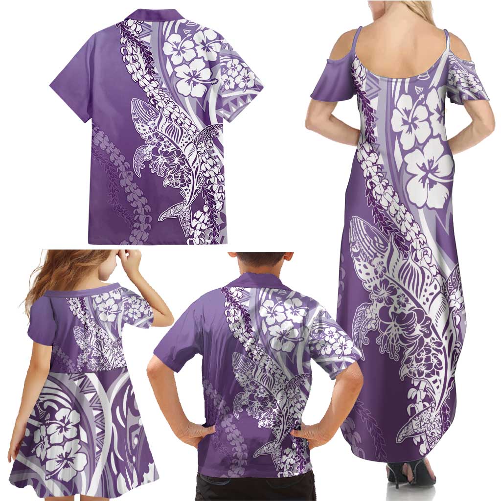 Hawaii Puakenikeni And Maile Lei Family Matching Summer Maxi Dress and Hawaiian Shirt Violet Polynesian Shark Tattoo DT05 - Polynesian Pride