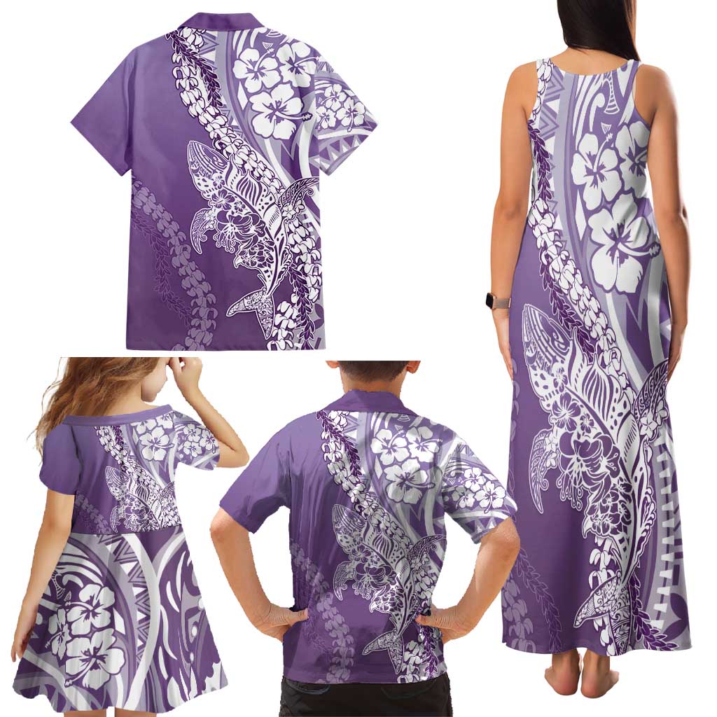 Hawaii Puakenikeni And Maile Lei Family Matching Tank Maxi Dress and Hawaiian Shirt Violet Polynesian Shark Tattoo DT05 - Polynesian Pride