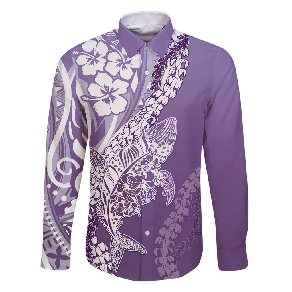 Hawaii Puakenikeni And Maile Lei Family Matching Tank Maxi Dress and Hawaiian Shirt Violet Polynesian Shark Tattoo DT05 Dad's Shirt - Long Sleeve Violet - Polynesian Pride