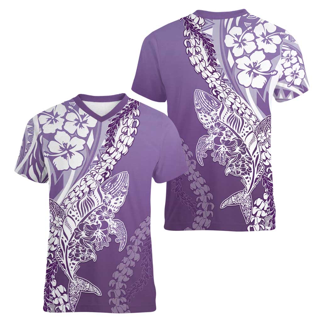 Hawaii Puakenikeni And Maile Lei Women V-Neck T-Shirt Violet Polynesian Shark Tattoo DT05