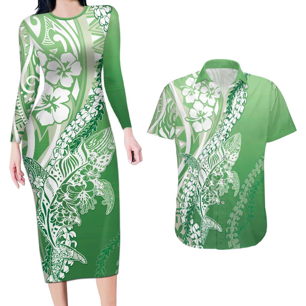 Hawaii Puakenikeni And Maile Lei Couples Matching Long Sleeve Bodycon Dress and Hawaiian Shirt Green Polynesian Shark Tattoo DT05 Green - Polynesian Pride