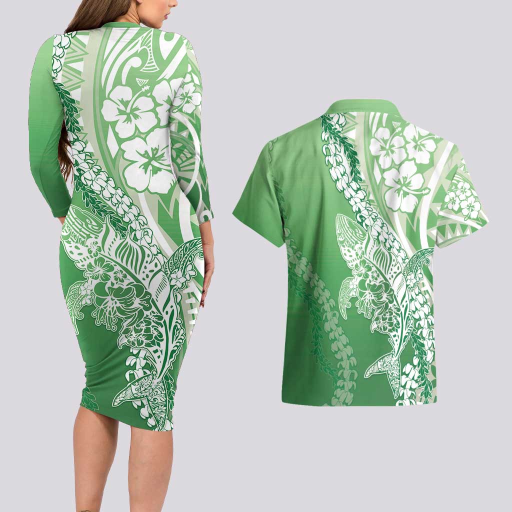 Hawaii Puakenikeni And Maile Lei Couples Matching Long Sleeve Bodycon Dress and Hawaiian Shirt Green Polynesian Shark Tattoo DT05 - Polynesian Pride