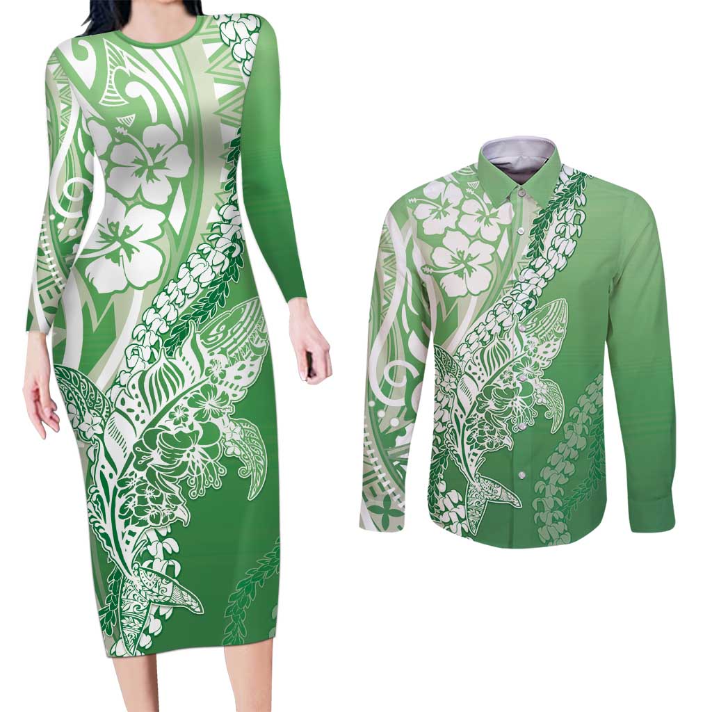 Hawaii Puakenikeni And Maile Lei Couples Matching Long Sleeve Bodycon Dress and Long Sleeve Button Shirt Green Polynesian Shark Tattoo DT05 Green - Polynesian Pride