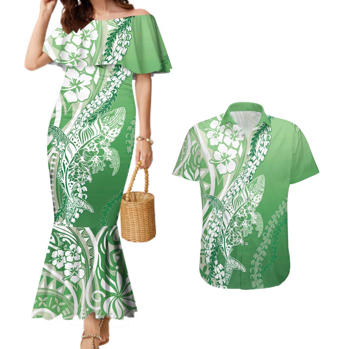 Hawaii Puakenikeni And Maile Lei Couples Matching Mermaid Dress and Hawaiian Shirt Green Polynesian Shark Tattoo DT05 Green - Polynesian Pride