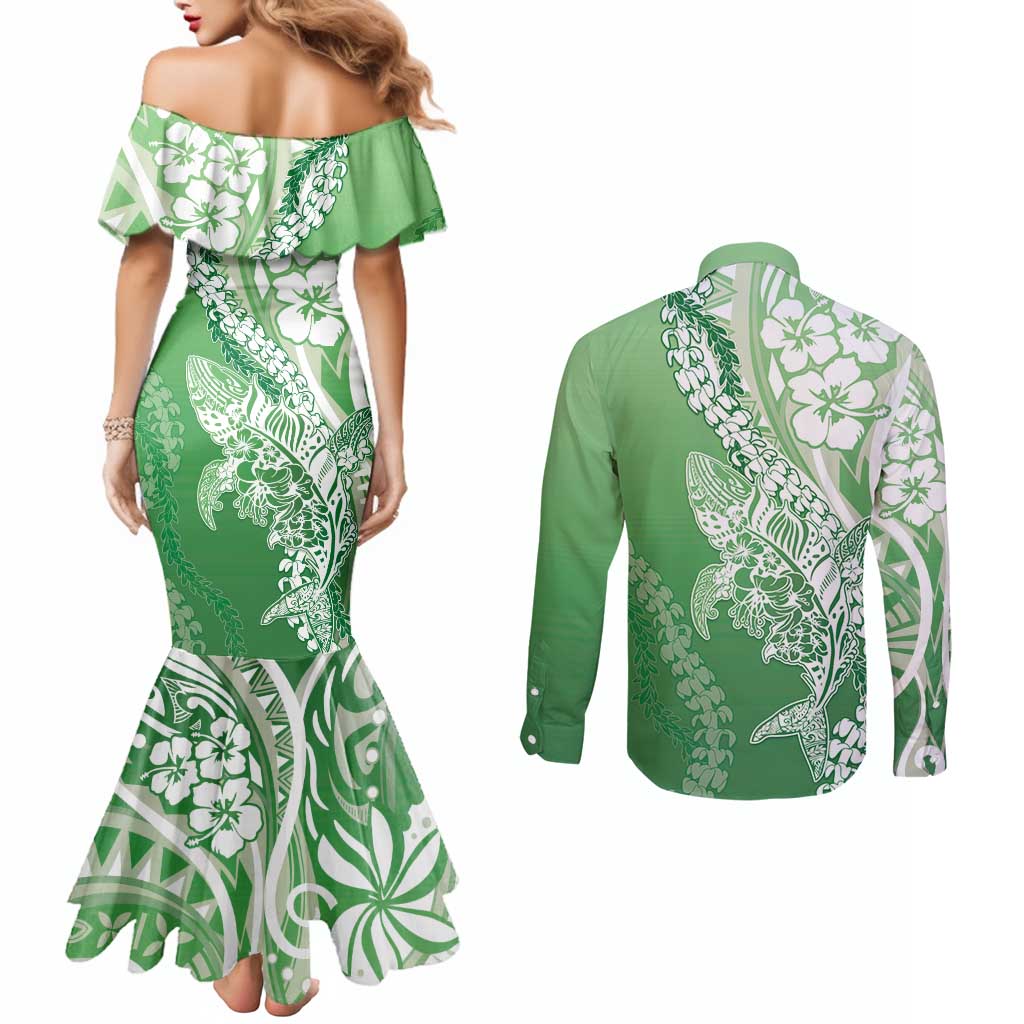 Hawaii Puakenikeni And Maile Lei Couples Matching Mermaid Dress and Long Sleeve Button Shirt Green Polynesian Shark Tattoo DT05 - Polynesian Pride