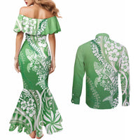 Hawaii Puakenikeni And Maile Lei Couples Matching Mermaid Dress and Long Sleeve Button Shirt Green Polynesian Shark Tattoo DT05 - Polynesian Pride