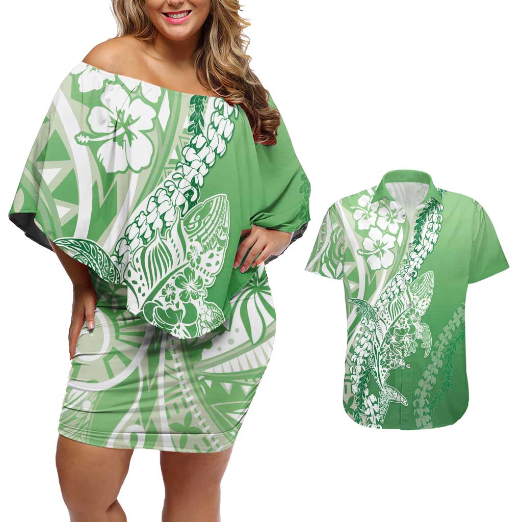Hawaii Puakenikeni And Maile Lei Couples Matching Off Shoulder Short Dress and Hawaiian Shirt Green Polynesian Shark Tattoo DT05 Green - Polynesian Pride