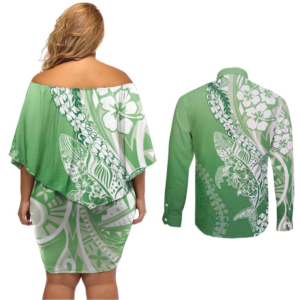 Hawaii Puakenikeni And Maile Lei Couples Matching Off Shoulder Short Dress and Long Sleeve Button Shirt Green Polynesian Shark Tattoo DT05 - Polynesian Pride