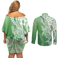 Hawaii Puakenikeni And Maile Lei Couples Matching Off Shoulder Short Dress and Long Sleeve Button Shirt Green Polynesian Shark Tattoo DT05 - Polynesian Pride