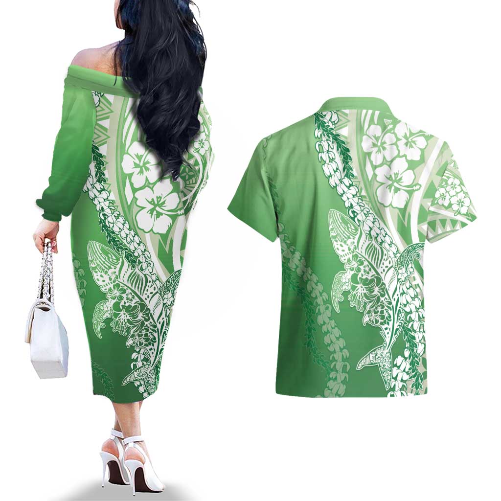 Hawaii Puakenikeni And Maile Lei Couples Matching Off The Shoulder Long Sleeve Dress and Hawaiian Shirt Green Polynesian Shark Tattoo DT05 - Polynesian Pride