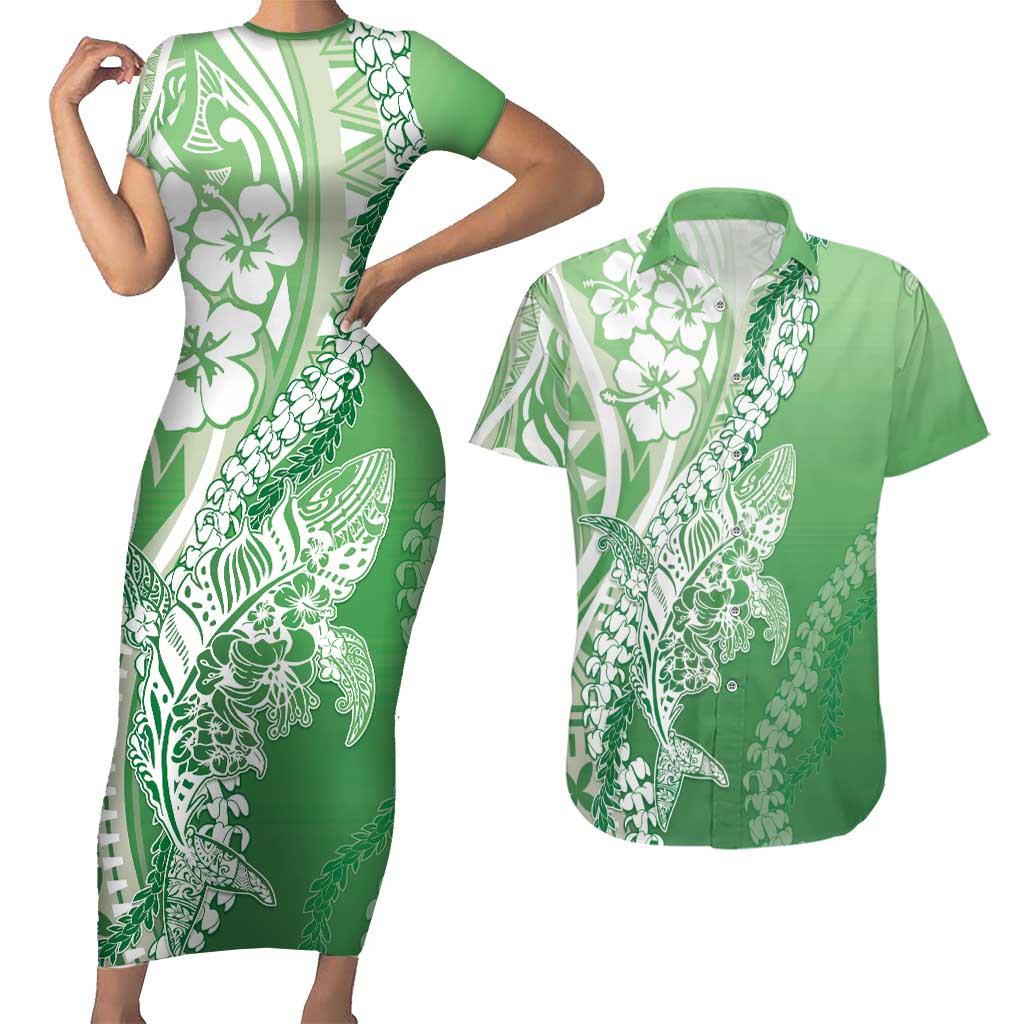 Hawaii Puakenikeni And Maile Lei Couples Matching Short Sleeve Bodycon Dress and Hawaiian Shirt Green Polynesian Shark Tattoo DT05 Green - Polynesian Pride