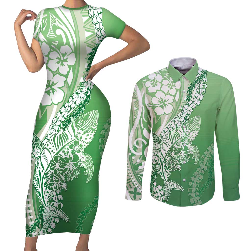 Hawaii Puakenikeni And Maile Lei Couples Matching Short Sleeve Bodycon Dress and Long Sleeve Button Shirt Green Polynesian Shark Tattoo DT05 Green - Polynesian Pride