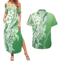 Hawaii Puakenikeni And Maile Lei Couples Matching Summer Maxi Dress and Hawaiian Shirt Green Polynesian Shark Tattoo DT05 Green - Polynesian Pride