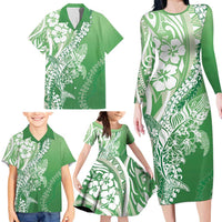 Hawaii Puakenikeni And Maile Lei Family Matching Long Sleeve Bodycon Dress and Hawaiian Shirt Green Polynesian Shark Tattoo DT05 - Polynesian Pride
