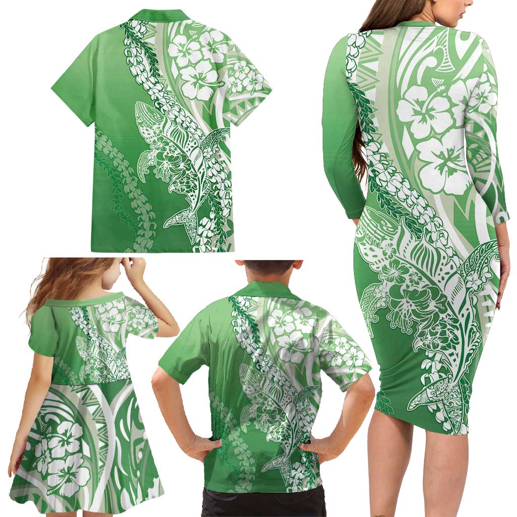 Hawaii Puakenikeni And Maile Lei Family Matching Long Sleeve Bodycon Dress and Hawaiian Shirt Green Polynesian Shark Tattoo DT05 - Polynesian Pride