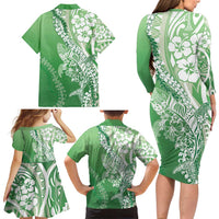 Hawaii Puakenikeni And Maile Lei Family Matching Long Sleeve Bodycon Dress and Hawaiian Shirt Green Polynesian Shark Tattoo DT05 - Polynesian Pride
