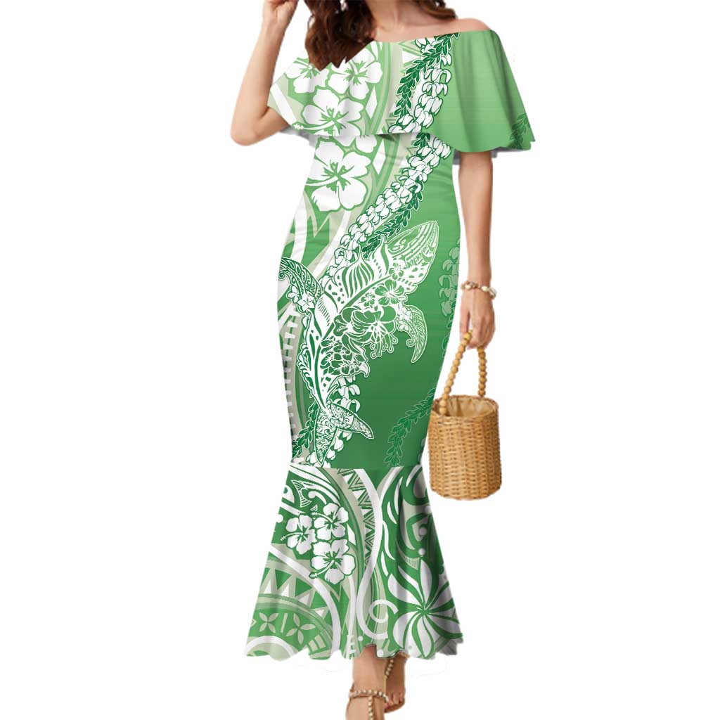 Hawaii Puakenikeni And Maile Lei Family Matching Mermaid Dress and Hawaiian Shirt Green Polynesian Shark Tattoo DT05 Mom's Dress Green - Polynesian Pride