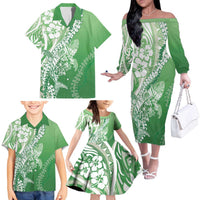 Hawaii Puakenikeni And Maile Lei Family Matching Off The Shoulder Long Sleeve Dress and Hawaiian Shirt Green Polynesian Shark Tattoo DT05 - Polynesian Pride