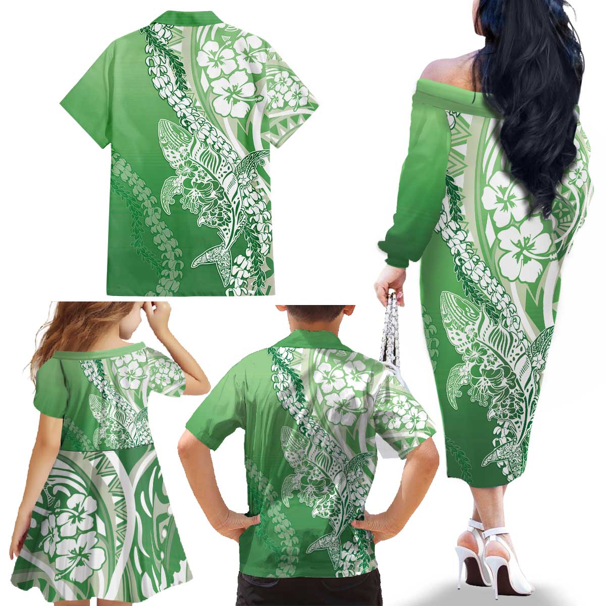 Hawaii Puakenikeni And Maile Lei Family Matching Off The Shoulder Long Sleeve Dress and Hawaiian Shirt Green Polynesian Shark Tattoo DT05 - Polynesian Pride