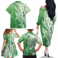 Hawaii Puakenikeni And Maile Lei Family Matching Off The Shoulder Long Sleeve Dress and Hawaiian Shirt Green Polynesian Shark Tattoo DT05 - Polynesian Pride