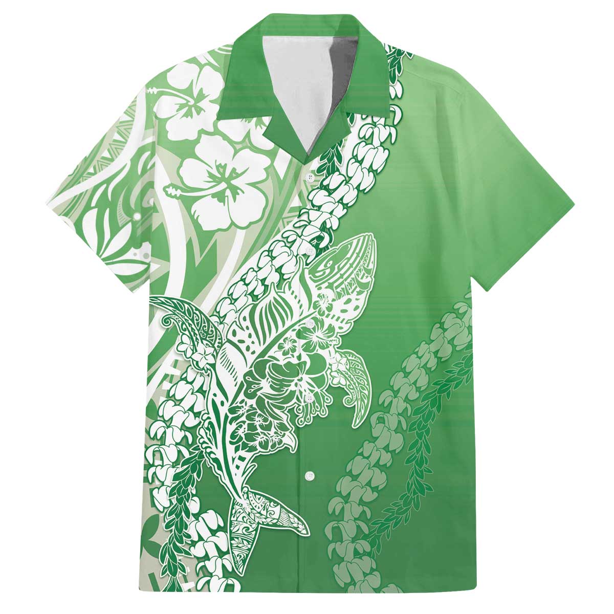 Hawaii Puakenikeni And Maile Lei Family Matching Off The Shoulder Long Sleeve Dress and Hawaiian Shirt Green Polynesian Shark Tattoo DT05 Dad's Shirt - Short Sleeve Green - Polynesian Pride