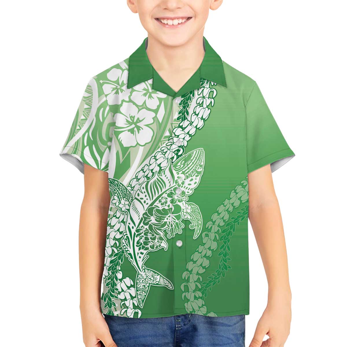 Hawaii Puakenikeni And Maile Lei Family Matching Off The Shoulder Long Sleeve Dress and Hawaiian Shirt Green Polynesian Shark Tattoo DT05 Son's Shirt Green - Polynesian Pride