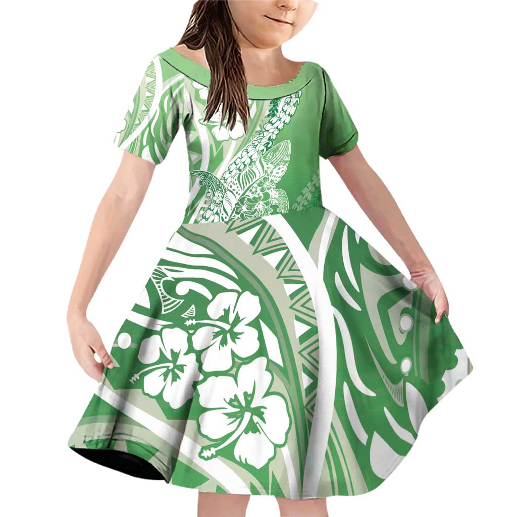 Hawaii Puakenikeni And Maile Lei Family Matching Off Shoulder Short Dress and Hawaiian Shirt Green Polynesian Shark Tattoo DT05 Daughter's Dress Green - Polynesian Pride