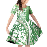 Hawaii Puakenikeni And Maile Lei Family Matching Off Shoulder Short Dress and Hawaiian Shirt Green Polynesian Shark Tattoo DT05 Daughter's Dress Green - Polynesian Pride