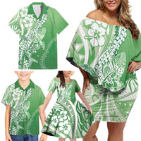 Hawaii Puakenikeni And Maile Lei Family Matching Off Shoulder Short Dress and Hawaiian Shirt Green Polynesian Shark Tattoo DT05 - Polynesian Pride