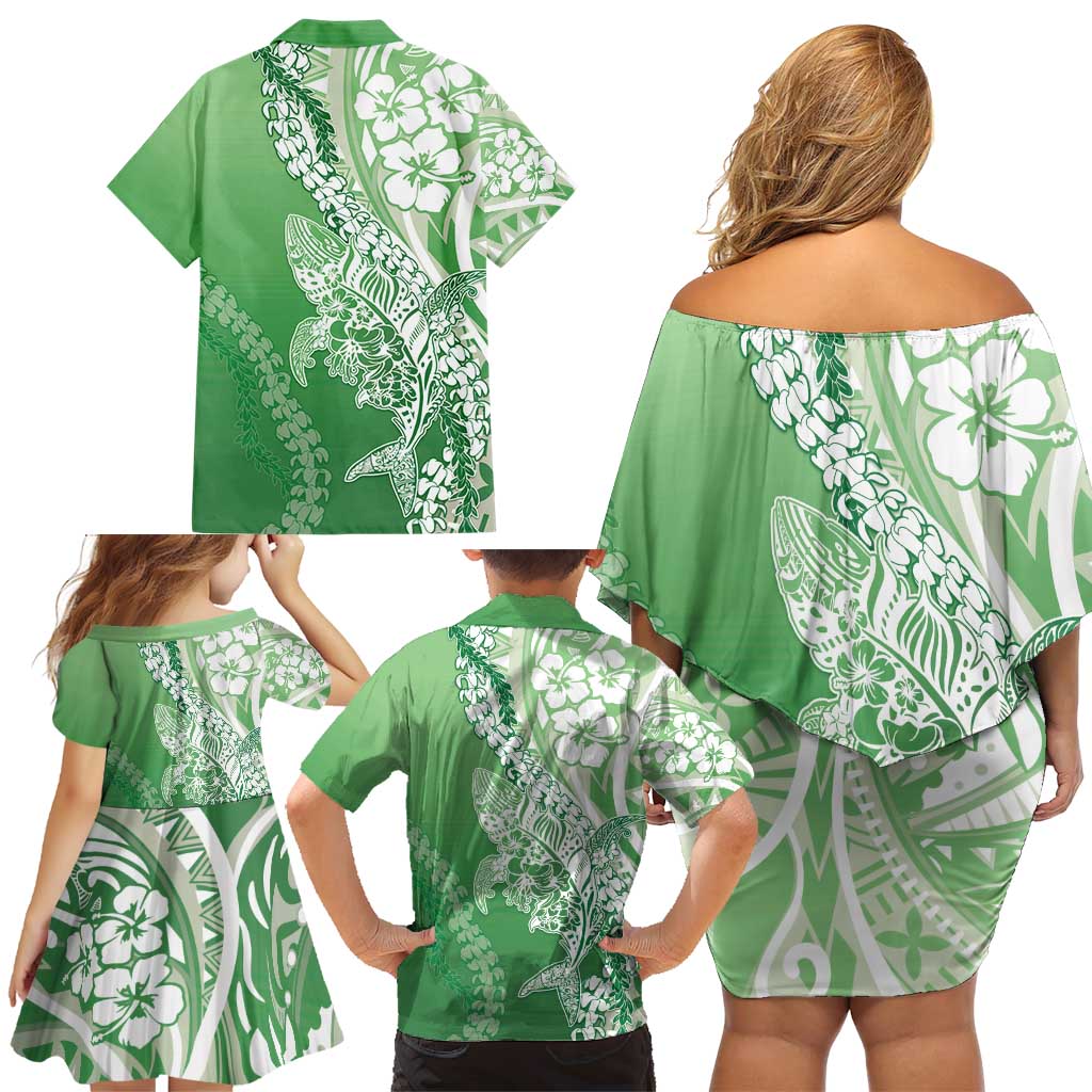 Hawaii Puakenikeni And Maile Lei Family Matching Off Shoulder Short Dress and Hawaiian Shirt Green Polynesian Shark Tattoo DT05 - Polynesian Pride