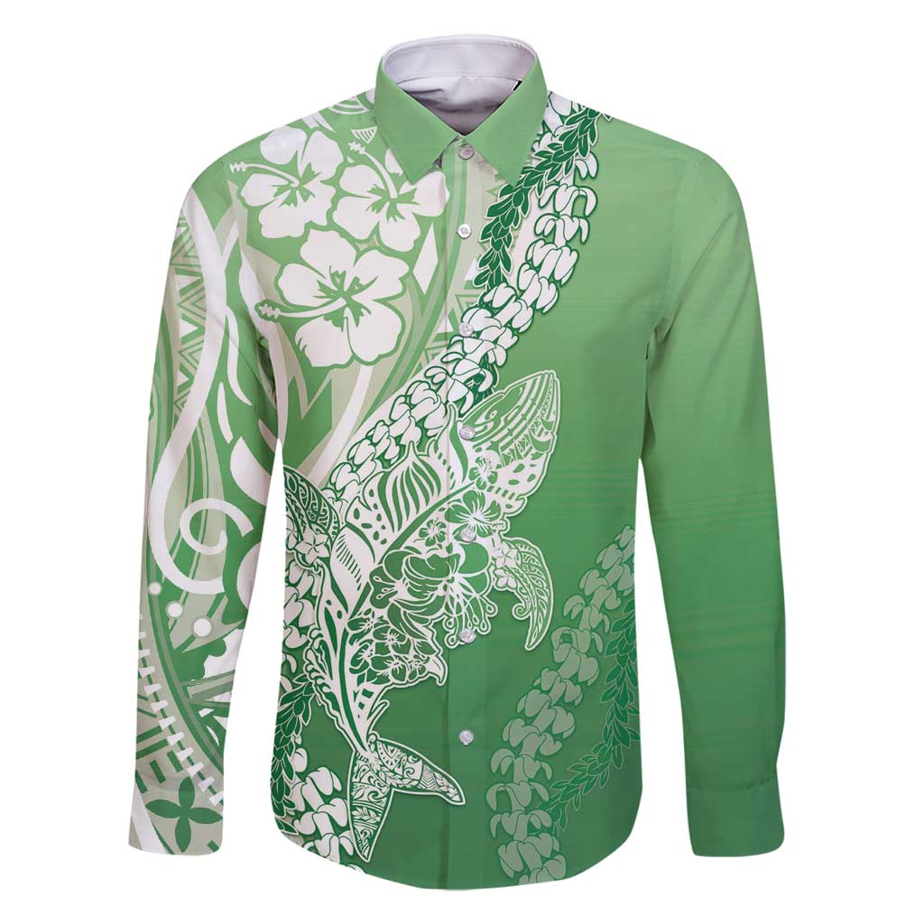 Hawaii Puakenikeni And Maile Lei Family Matching Off Shoulder Short Dress and Hawaiian Shirt Green Polynesian Shark Tattoo DT05 Dad's Shirt - Long Sleeve Green - Polynesian Pride