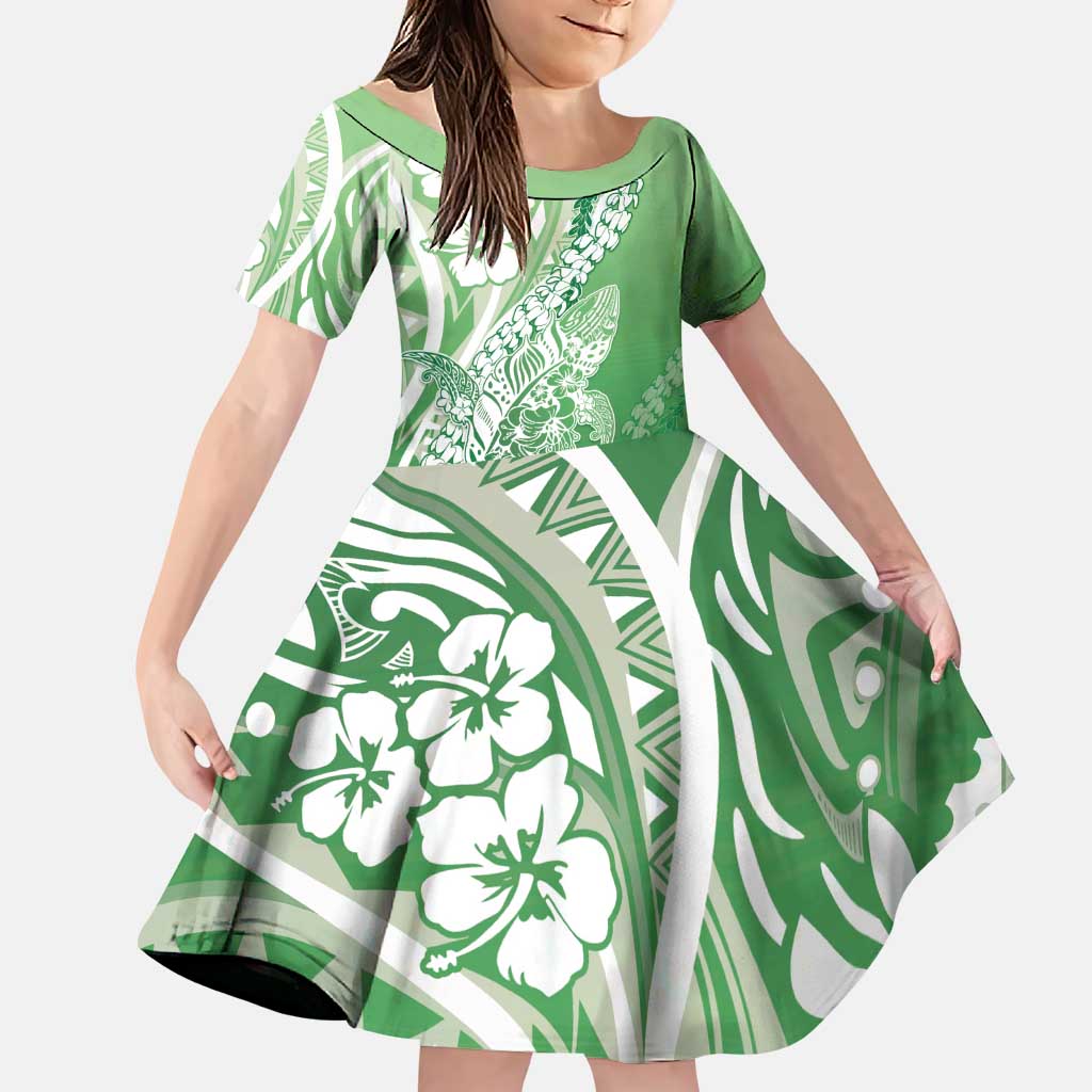 Hawaii Puakenikeni And Maile Lei Family Matching Puletasi and Hawaiian Shirt Green Polynesian Shark Tattoo DT05 Daughter's Dress Green - Polynesian Pride