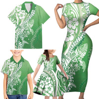 Hawaii Puakenikeni And Maile Lei Family Matching Short Sleeve Bodycon Dress and Hawaiian Shirt Green Polynesian Shark Tattoo DT05 - Polynesian Pride