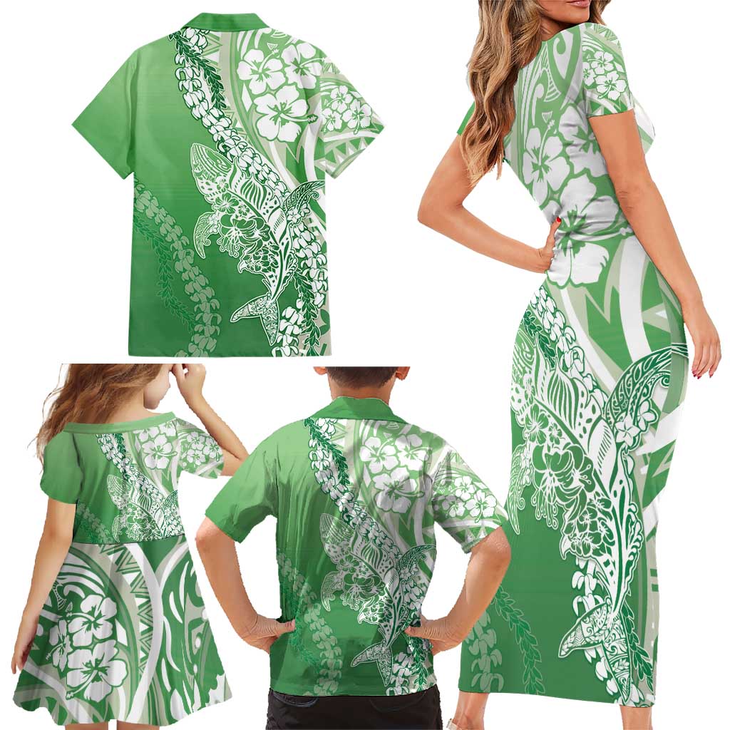 Hawaii Puakenikeni And Maile Lei Family Matching Short Sleeve Bodycon Dress and Hawaiian Shirt Green Polynesian Shark Tattoo DT05 - Polynesian Pride