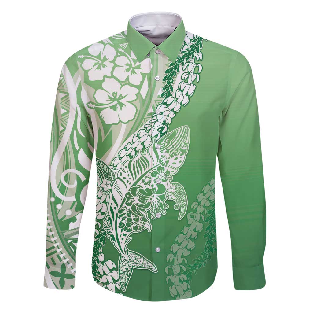 Hawaii Puakenikeni And Maile Lei Family Matching Short Sleeve Bodycon Dress and Hawaiian Shirt Green Polynesian Shark Tattoo DT05 Dad's Shirt - Long Sleeve Green - Polynesian Pride