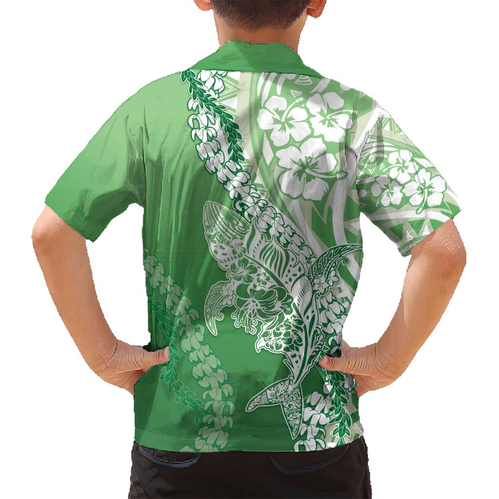 Hawaii Puakenikeni And Maile Lei Family Matching Summer Maxi Dress and Hawaiian Shirt Green Polynesian Shark Tattoo DT05 - Polynesian Pride