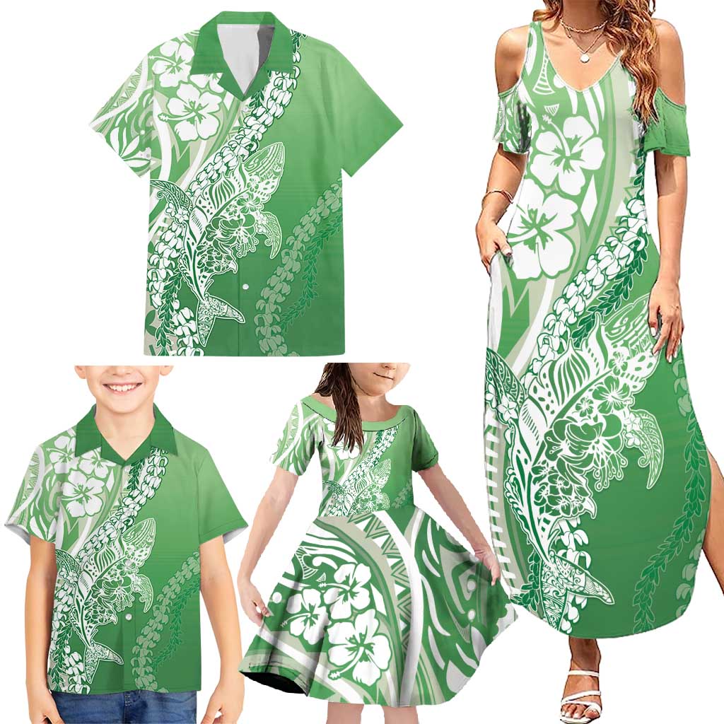 Hawaii Puakenikeni And Maile Lei Family Matching Summer Maxi Dress and Hawaiian Shirt Green Polynesian Shark Tattoo DT05 - Polynesian Pride