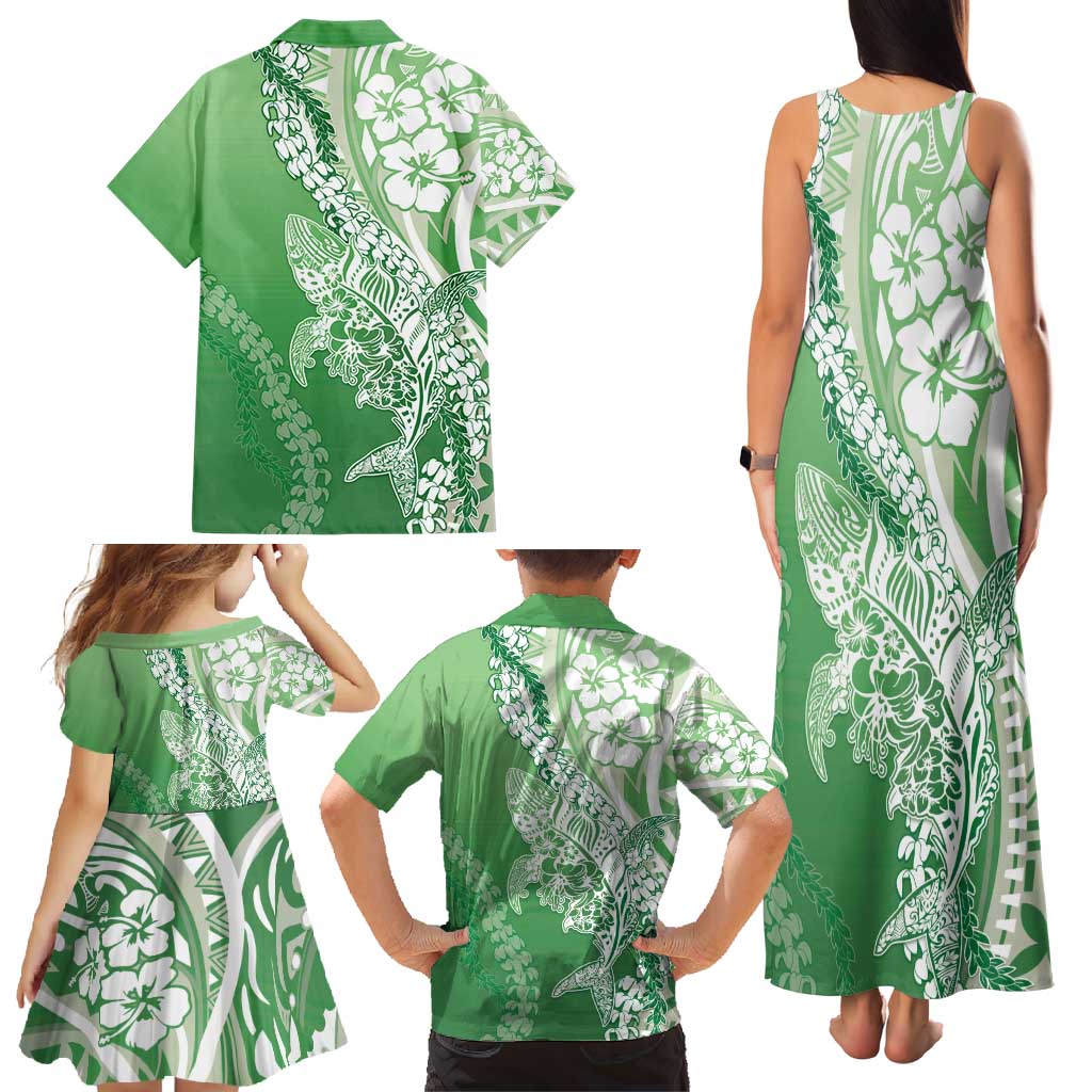 Hawaii Puakenikeni And Maile Lei Family Matching Tank Maxi Dress and Hawaiian Shirt Green Polynesian Shark Tattoo DT05 - Polynesian Pride
